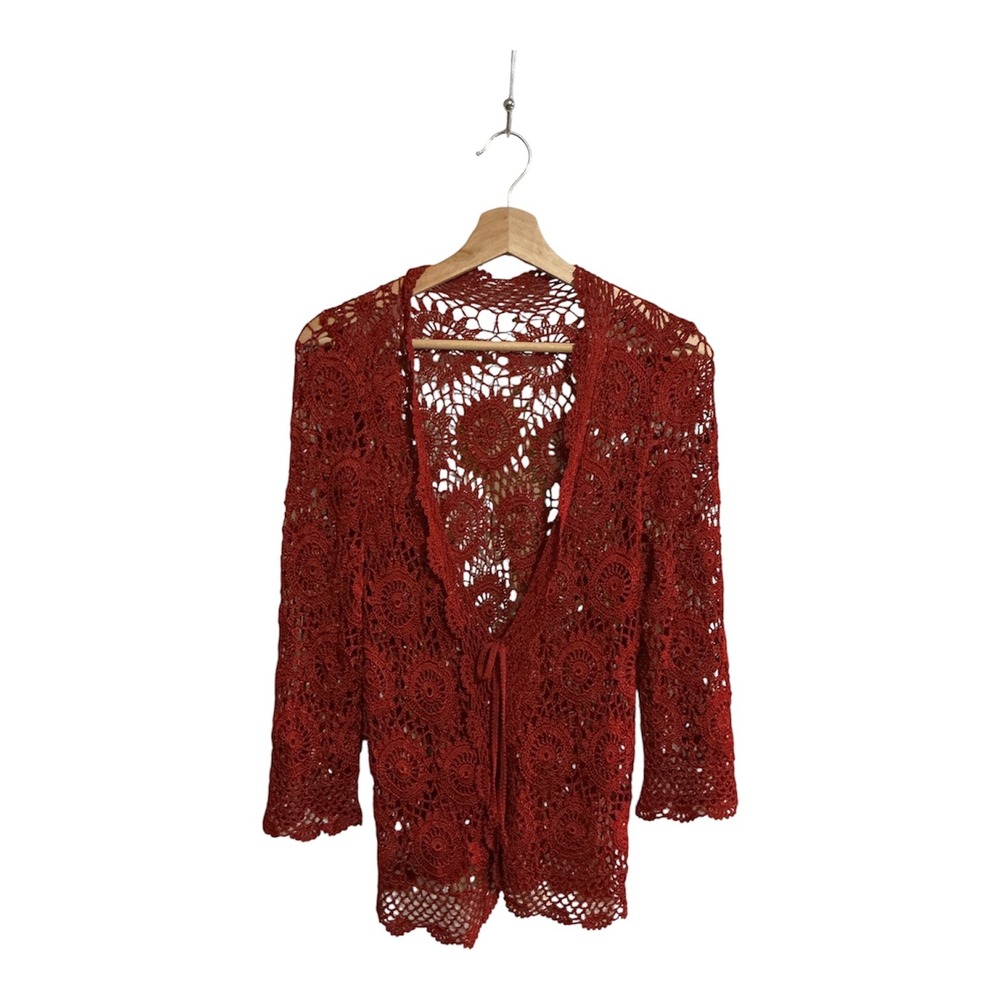 OS Terracotta Red Floral Crochet Cardigan Boho Open Knit Tie Front Sweater